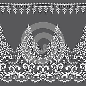 Lace seamless vector pattern with flowers and swirls, retro lace borders design, detailed floral ornament in white on gray backgro