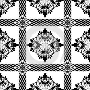 Lace textured elegance floral vector seamless pattern. Black and white ornamental checkered background. Repeat striped backdrop.