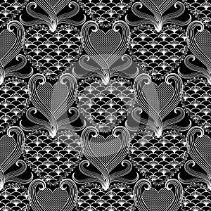 Lace textured vintage Damask love seamless pattern. Black and white elegance ornamental floral background. Grid lattice patterned