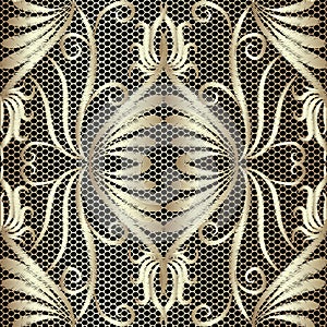 Lace textured vintage floral embroidery seamless pattern. Vector tapestry gold Damask background. Grunge repeat lacy backdrop.