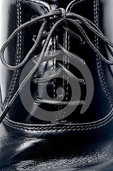 Laces on a black leather shoe