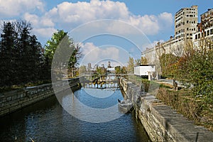 Lachine canal beside Historic Grain Silo No 5 in Montreal Old Port