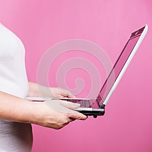 Lack of physical activity, fat woman with laptop