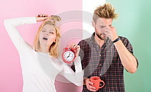 Lack of sleep. Couple sleep not enough time. Family drink morning coffee yawning faces. Couple oversleep awakening hold