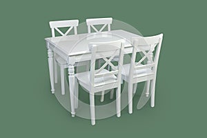 Lacquer dining table and four chairs standing on green background