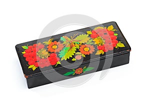 Lacquered black Russian casket painted with flowers  isolated - Image