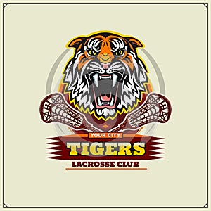 Lacrosse club emblem with angry tiger. Print design for t-shirt.