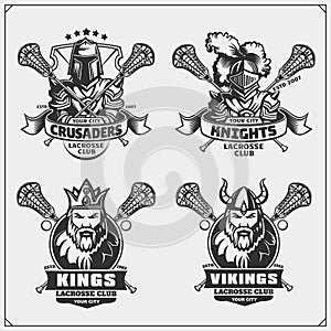 Lacrosse club emblems with viking, king, knight and crusader. photo