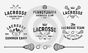 Lacrosse emblems, logos, badges templates. Set of 6 Lacrosse logos and 3 design elements. Lacrosse stick and ball isolated on whit