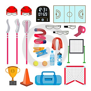 Lacrosse Icons Set Vector. Lacrosse Accessories. Gates, Net, Glasses, Mask, Stick, Helmet, Box, Timer, Plotter, Ball