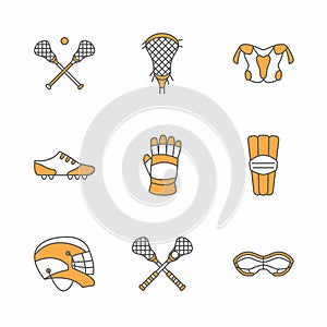 Lacrosse sport game vector line icons. Ball, stick, helmet, gloves, girls goggles. Linear colored signs set