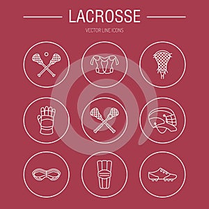 Lacrosse sport game vector line icons. Ball, stick, helmet, gloves, girls goggles. Linear signs set, championship