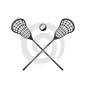 Lacrosse sticks and ball silhouettes isolated on white background. Crossed lacrosse sticks. Vintage design elements for logo, badg