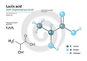 Lactic acid. AHA Alphahydroxy acid. Structural chemical formula and molecule 3d model. Atoms with color coding. Vector