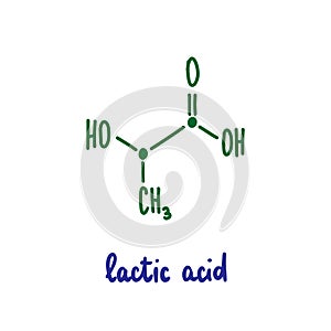 Lactic acid hand drawn vector formula chemical structure lettering blue green