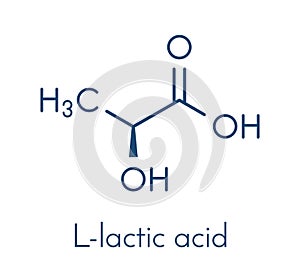 Lactic acid L-lactic acid milk sugar molecule. Building block of polylactic acid PLA bioplastic. Found in milk. Skeletal.