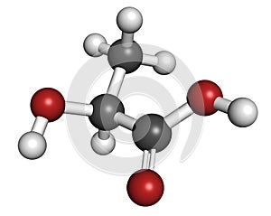 Lactic acid (L-lactic acid) milk sugar molecule. Building block of polylactic acid (PLA) bioplastic. Found in milk. Atoms are photo
