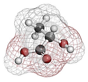 Lactic acid (L-lactic acid) milk sugar molecule. Building block of polylactic acid (PLA) bioplastic. Found in milk. Atoms are