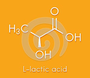 Lactic acid (L-lactic acid) milk sugar molecule. Building block of polylactic acid (PLA) bioplastic. Found in milk. Skeletal photo