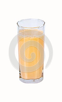 Lactic fermenting beverage color light orange sour taste in edge glass tall isolated on white background.