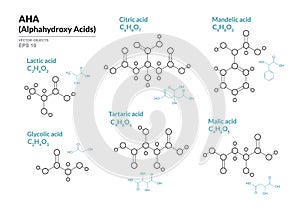 Lactic, Glycolic, Citric, Tartaric, Mandelic, Malic acids. AHA Alphahydroxy acids. Structural chemical formula and molecule model