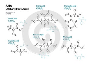 Lactic, Glycolic, Citric, Tartaric, Mandelic, Malic acids. AHA Alphahydroxy acids. Structural chemical formula and molecule model photo