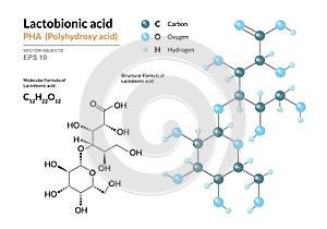 Lactobionic acid. PHA Polyhydroxy acid. Structural chemical formula and molecule 3d model. Atoms with color coding. Vector