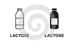 Lactose in Dairy Line and Silhouette Icon Set. Natural Milk in Bottle Black Pictogram. Allergen Free, Intolerance