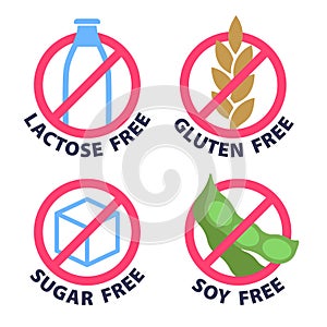 Lactose, dairy, sugar, soy and gluten free products badges.
