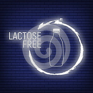 Lactose Free. Allergen food, GMO free products neon icon and logo. Intolerance and allergy food. Vector illustration and isolated