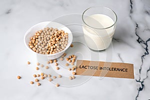 Lactose free milk concept. Homemade milk of nuts and piece of paper with text LACTOSE INTOLERANCE on marble background, non dairy