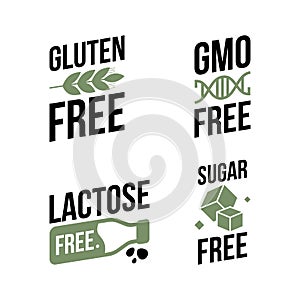 Lactose free, Sugar free, Gluten free, GMO free vector labels for food emblems designs, can be used as stamps, seals, badges, for