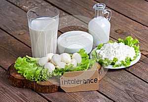 Lactose intolerance with wood background