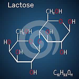 Lactose, milk sugar molecule, it is a disaccharide. Structural chemical formula and molecule model on the dark blue background