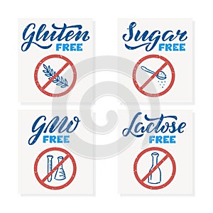 Lactose sugar GMO gluten free lettering with doodle drawings