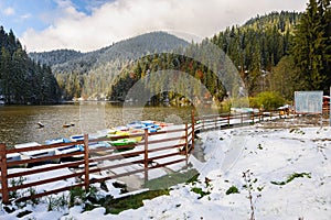 Lacul Rosu with snow, Red Lake, Romania photo