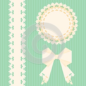 Lacy doilies with bow and ribbon on a green background. Greeting card design template. Vector paper napkin