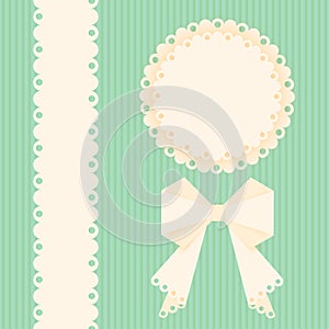 Lacy doilies with bow and ribbon on a green background. Greeting card design template. Vector paper napkin.