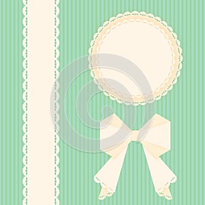 Lacy doilies with bow and ribbon on a green background. Greeting card design template. Vector paper napkin.