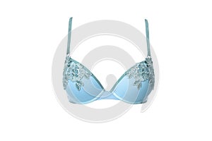 Lacy female, blue bra isolated on white.