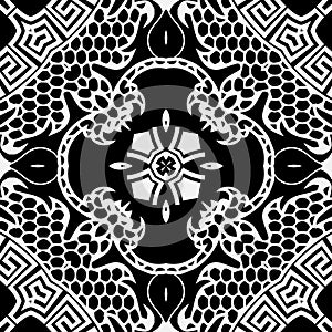 Lacy floral vector seamless pattern. Ornamental black and white vector background. Vintage greek ornament. Lace design. Elegance