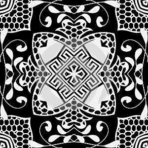 Lacy floral vector seamless pattern. Ornamental black and white vector background. Vintage greek ornament. Lace design. Elegance