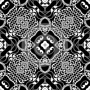 Lacy floral vector seamless pattern. Ornamental black and white background. Vintage greek style ornament. Lace design. Elegance