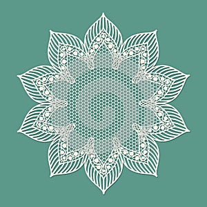 Lacy frame on blue background, doily.