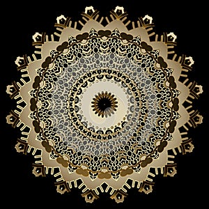 Lacy gold floral 3d vector mandala pattern. Ornamental modern background. Round vintage ornament. Lace design. Surface golden
