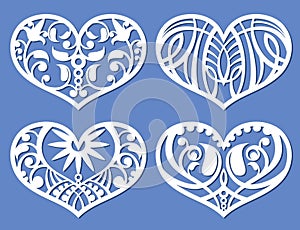 Lacy hearts, laser cutting fretwork shapes, plotter cutout love vector symbols