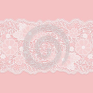 Lacy white seamless pattern of flower ribbon on a pink background.