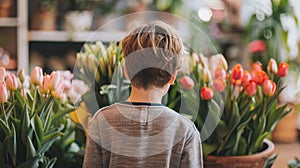 Lad behind back with bunch of beautiful tulips preparing nice surprise for mom