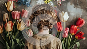 Lad with bunch of beautiful tulips behind back preparing nice surprise for his mother