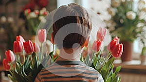 Lad with bunch of beautiful tulips behind back preparing surprise for mother